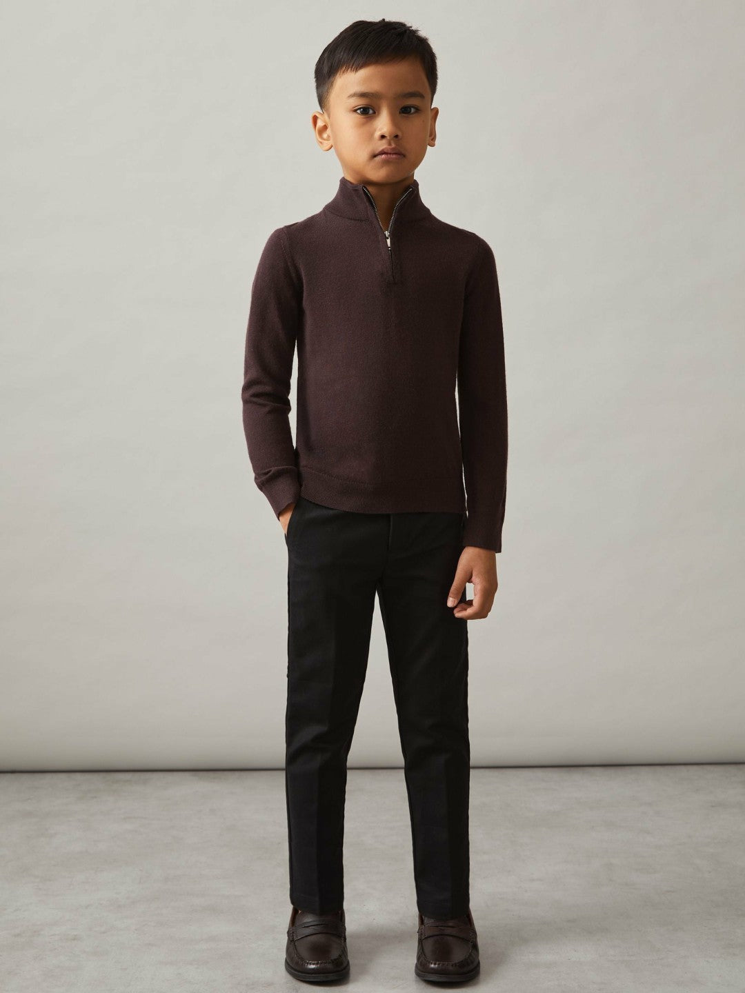3-9 yrs Merino Wool Half-Zip Funnel Neck Jumper Dark Bordeaux | Children