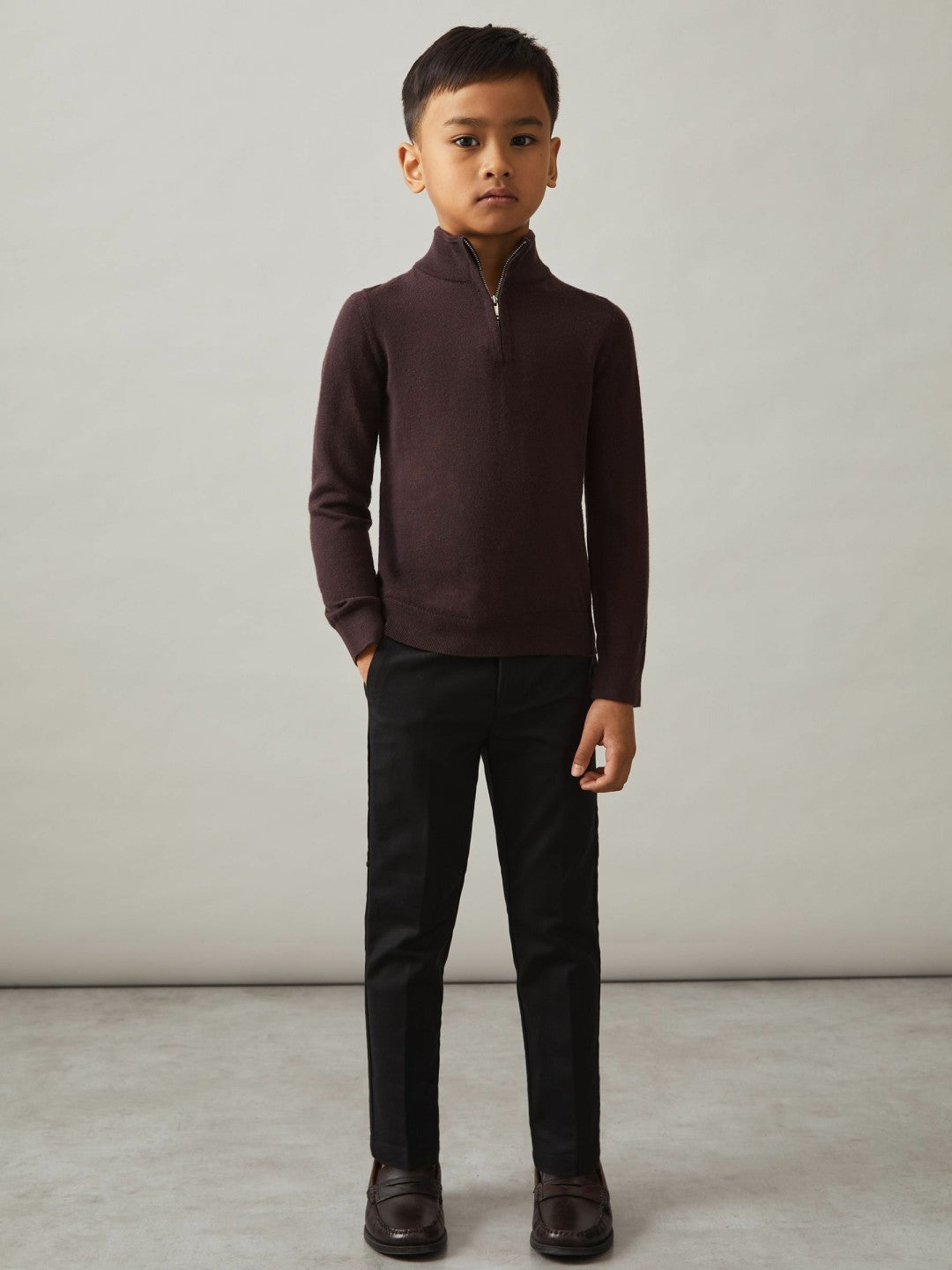 9-13 yrs Merino Wool Half-Zip Funnel Neck Jumper Dark Bordeaux | Children