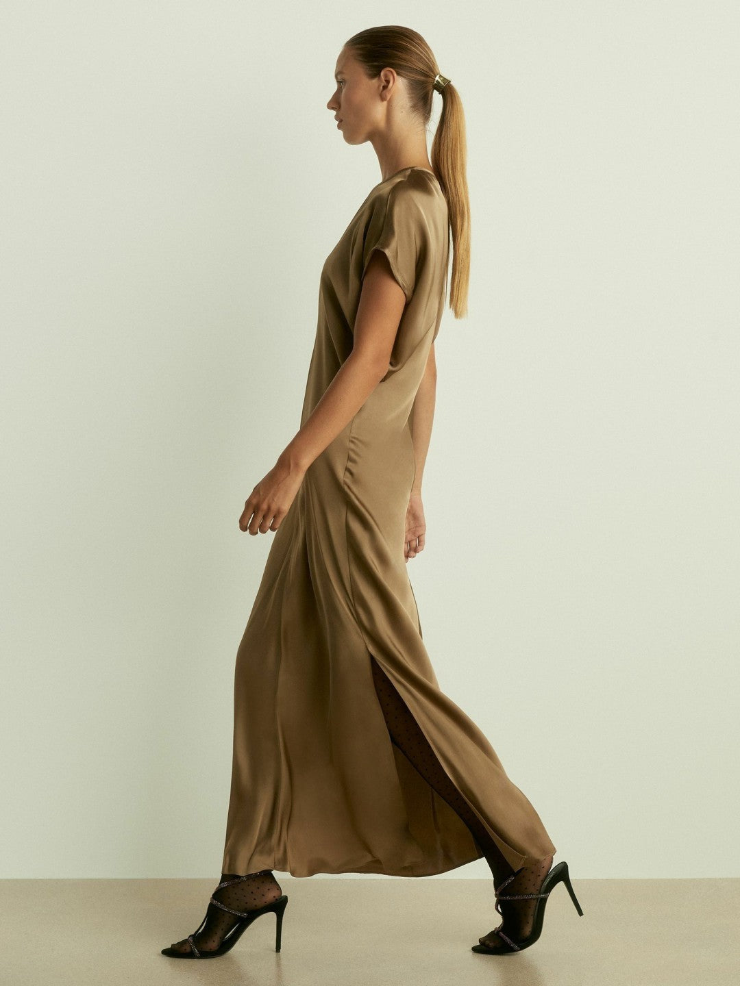 Satin Short-Sleeve Midi Dress Khaki | Womens