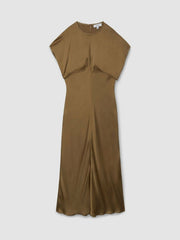 Satin Short-Sleeve Midi Dress Khaki | Womens