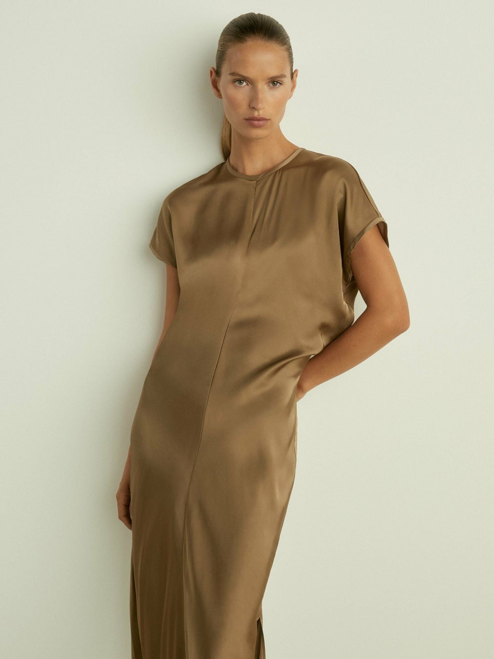 Satin Short-Sleeve Midi Dress Khaki | Womens