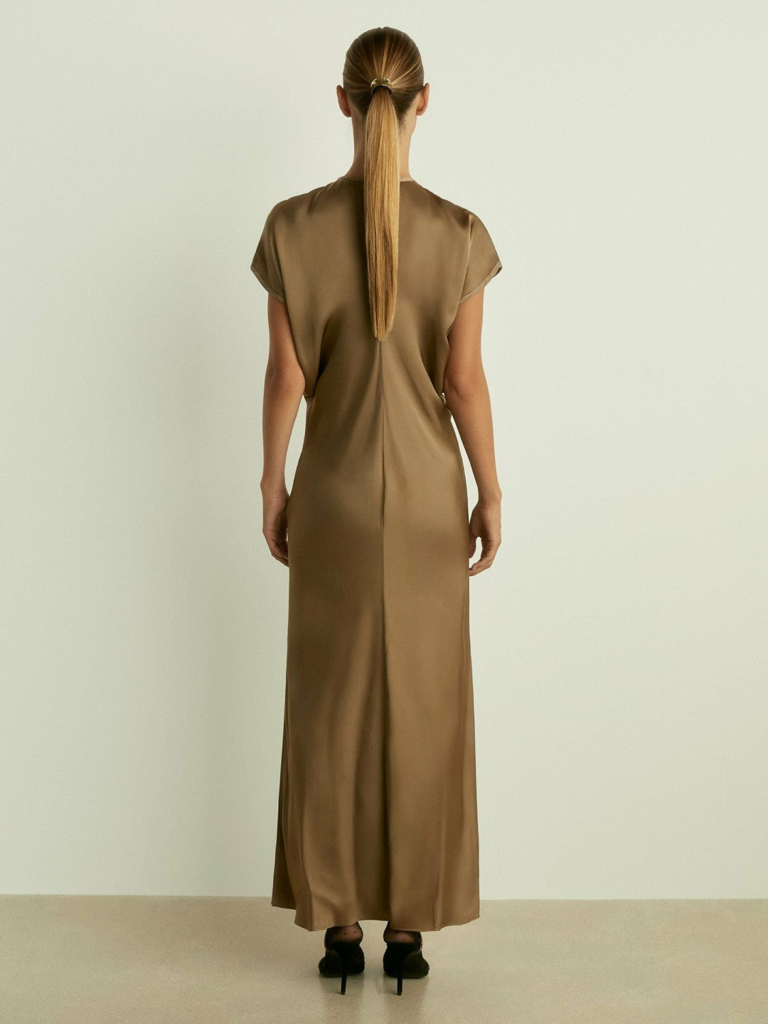 Satin Short-Sleeve Midi Dress Khaki | Womens