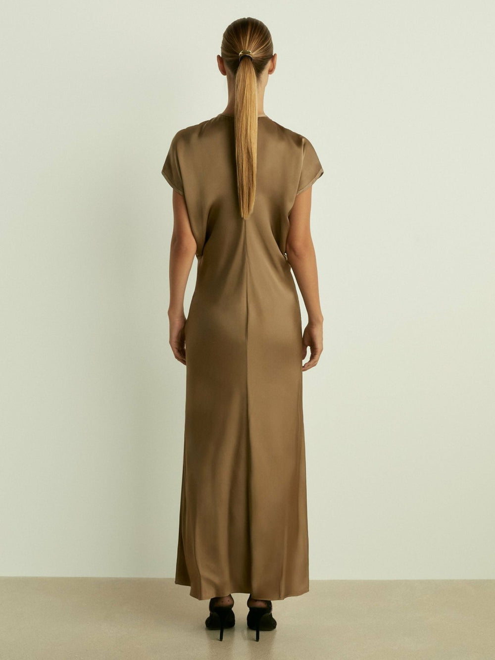 Satin Short-Sleeve Midi Dress Khaki | Womens