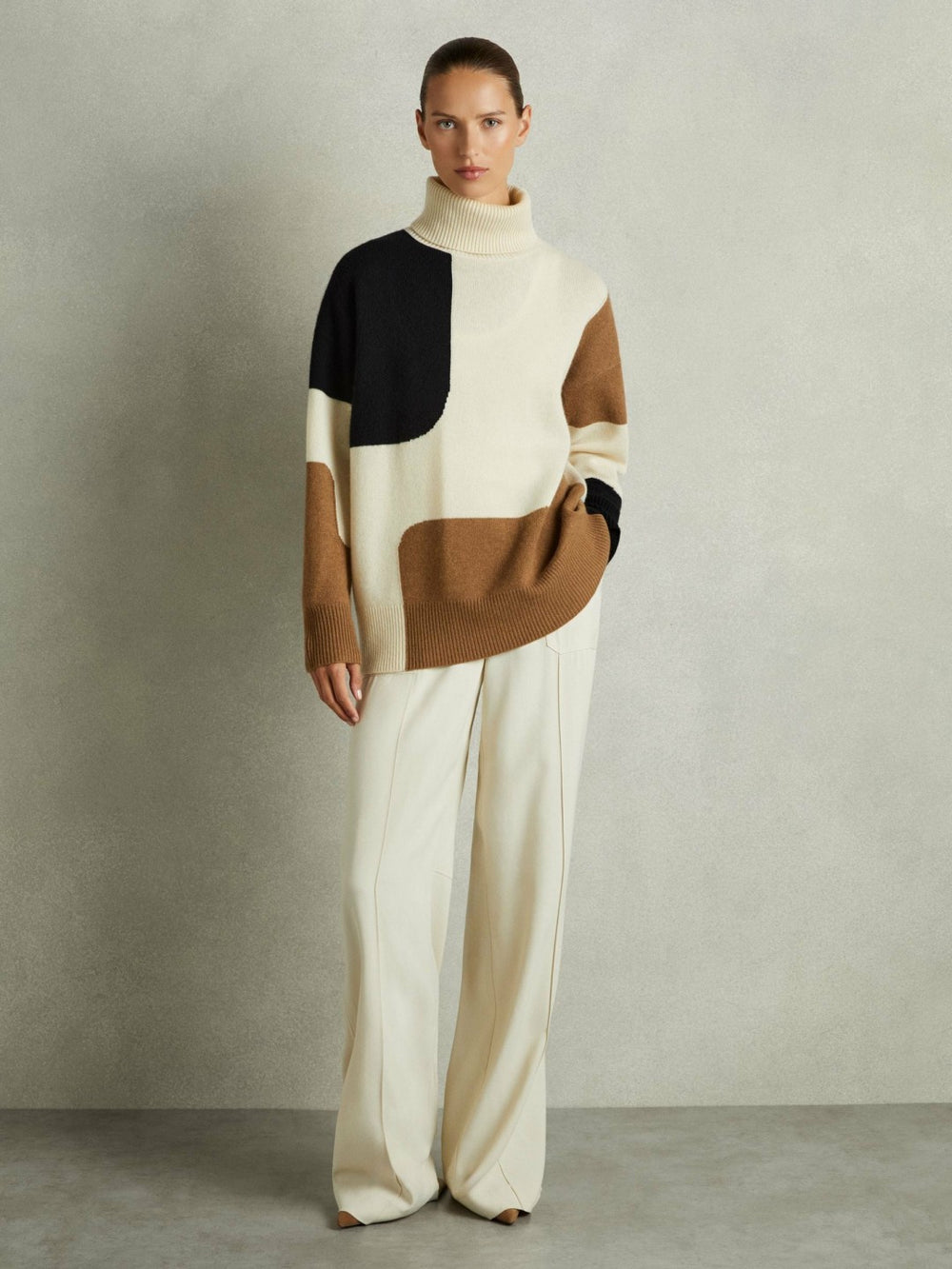 Wool-Cashmere Colourblock-Intarsia Jumper Cream/Brown | Womens