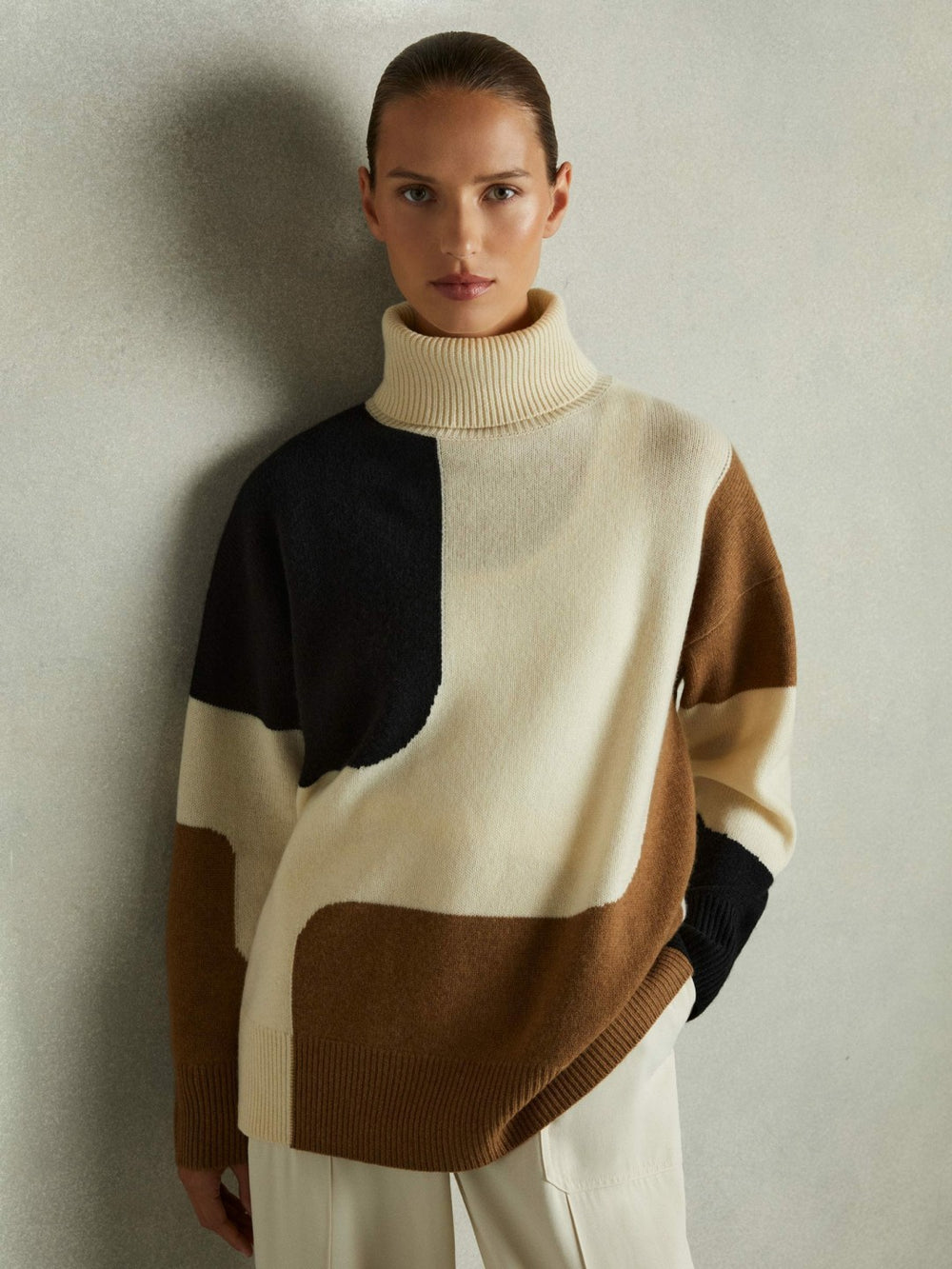 Wool-Cashmere Colourblock-Intarsia Jumper Cream/Brown | Womens