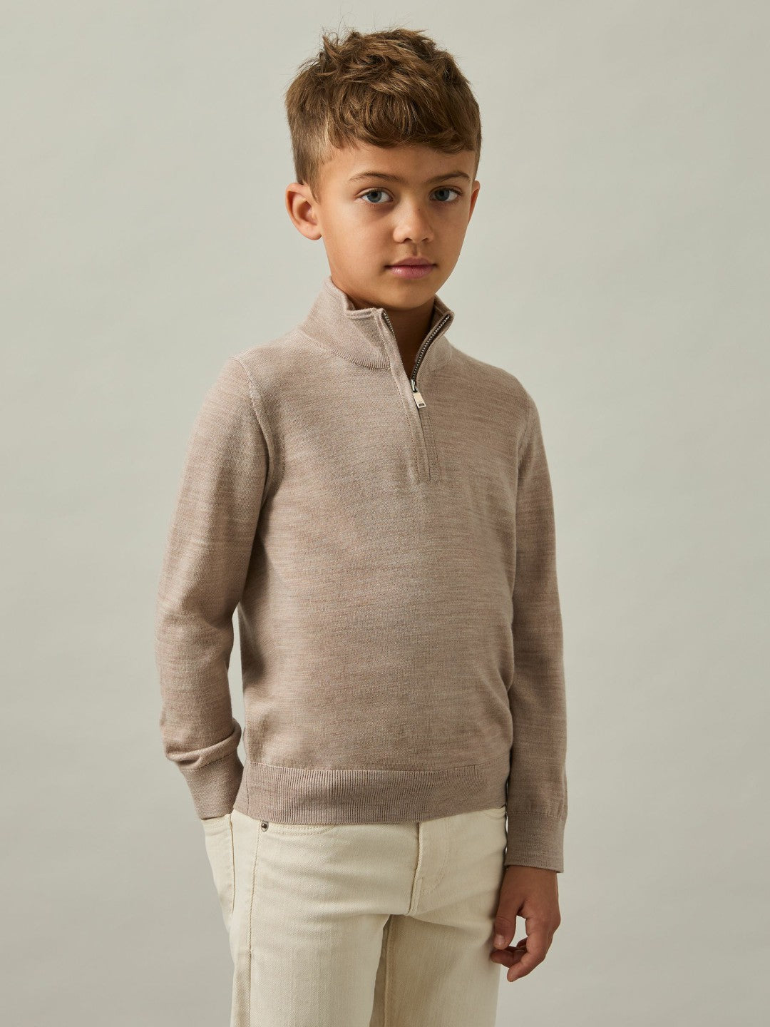 3-9 yrs Merino Wool Half-Zip Funnel Neck Jumper Wheat Melange | Children