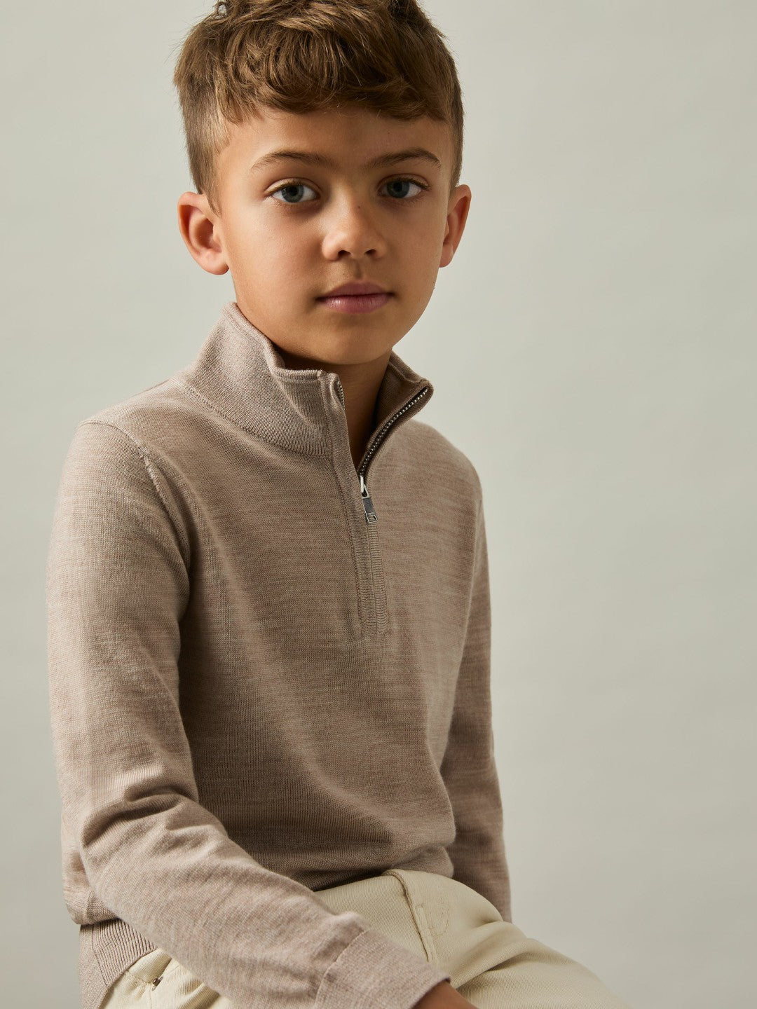 9-13 yrs Merino Wool Half-Zip Funnel Neck Jumper Wheat Melange | Children