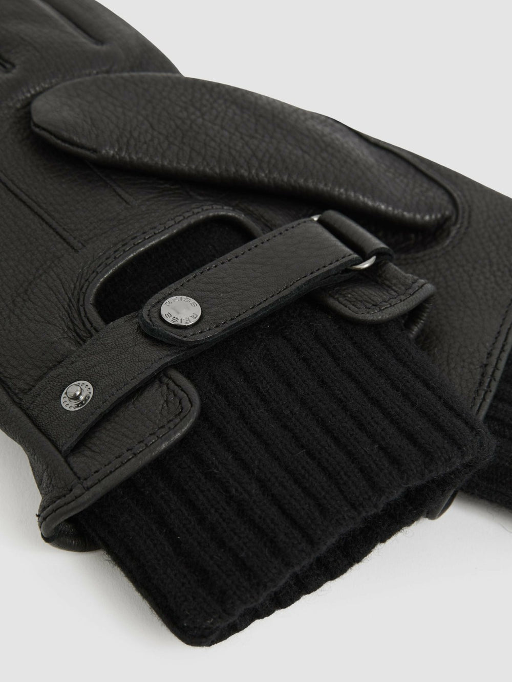 Leather Ribbed-Cuff Gloves Black | Mens