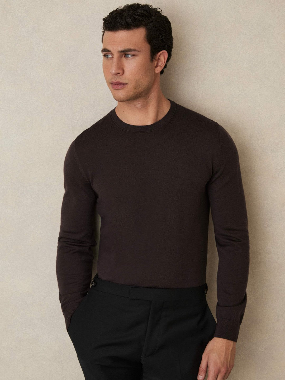Merino Wool Crew Neck Jumper Dark Bordeaux | Mens