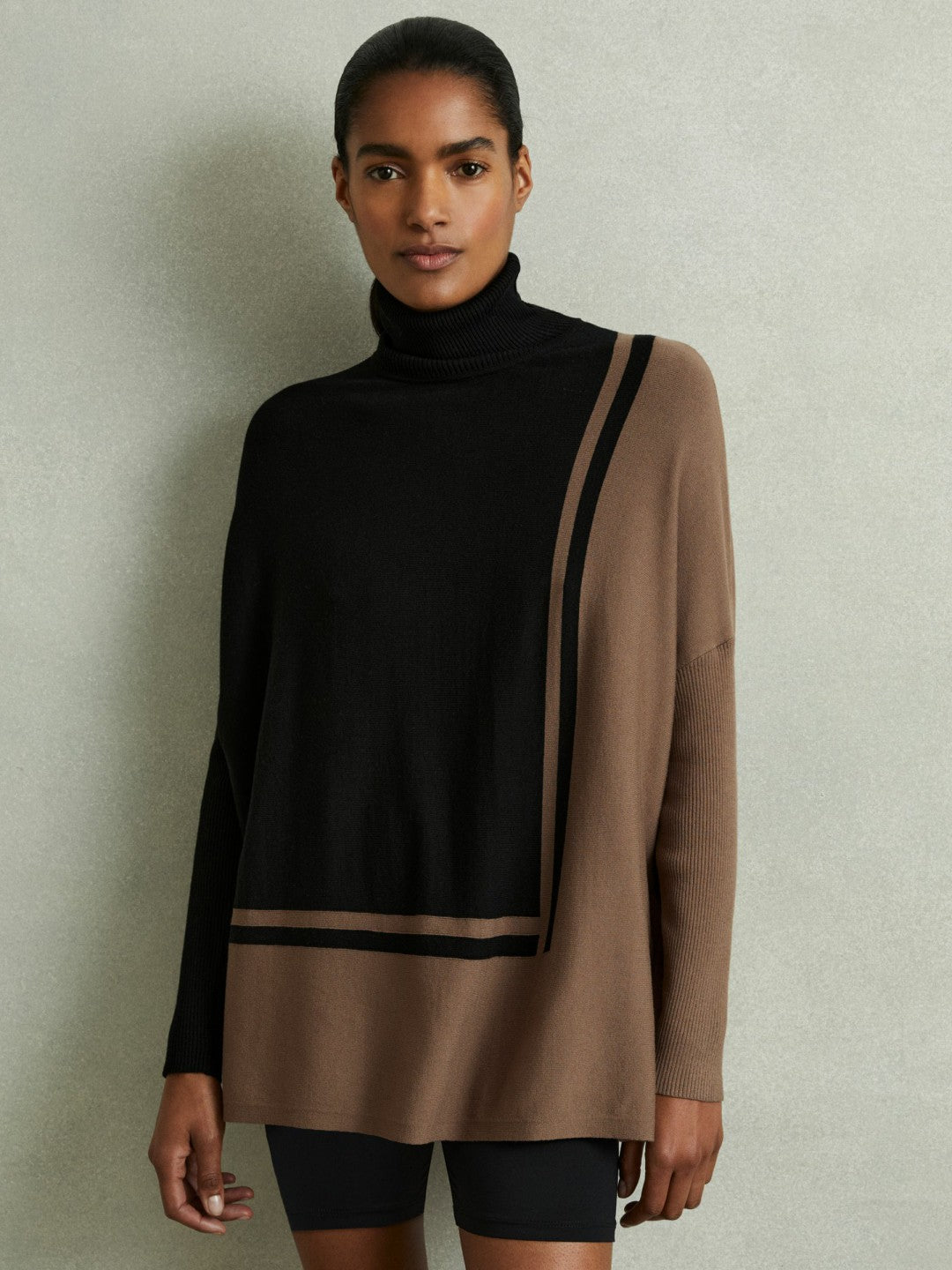 Colourblock Roll Neck Split Hem Jumper Black/Mink | Womens