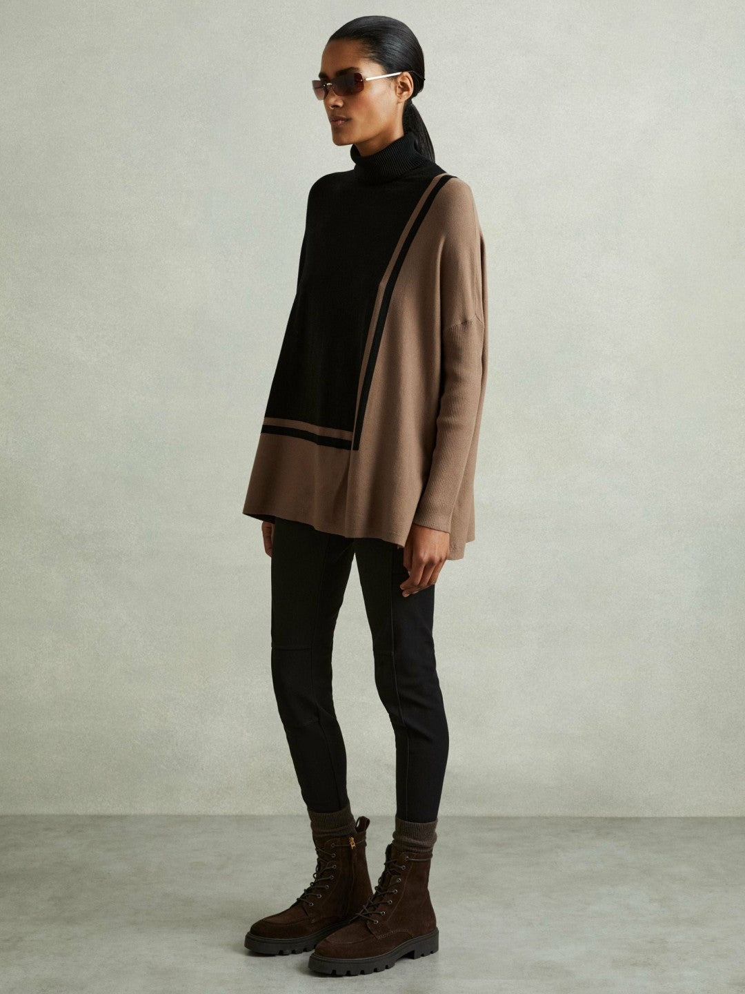 Colourblock Roll Neck Split Hem Jumper Black/Mink | Womens