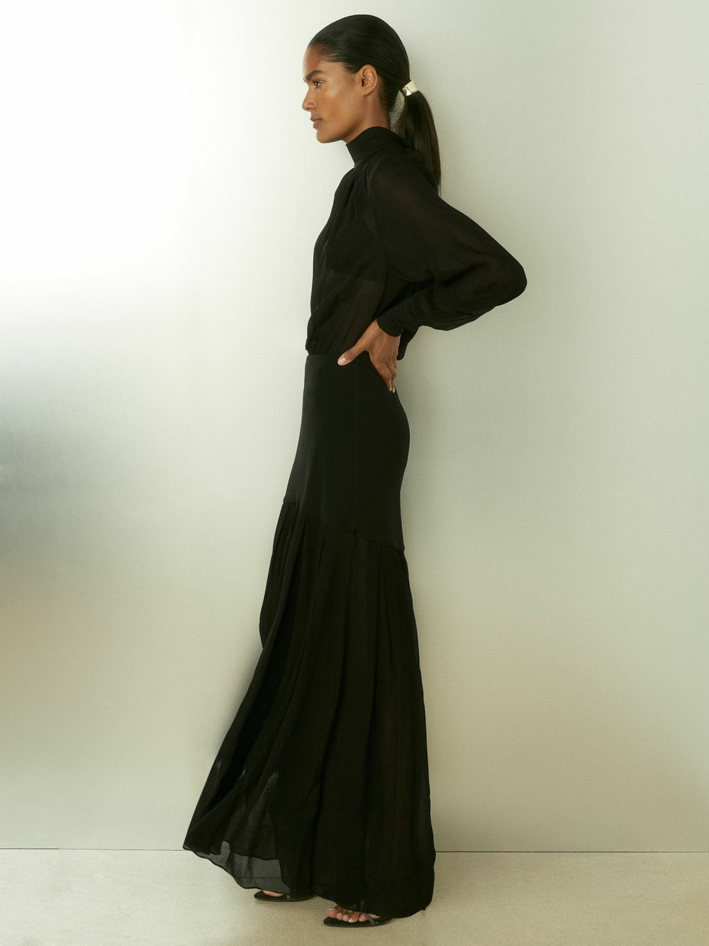 Sheer Jersey Gathered Maxi Dress Black | Womens