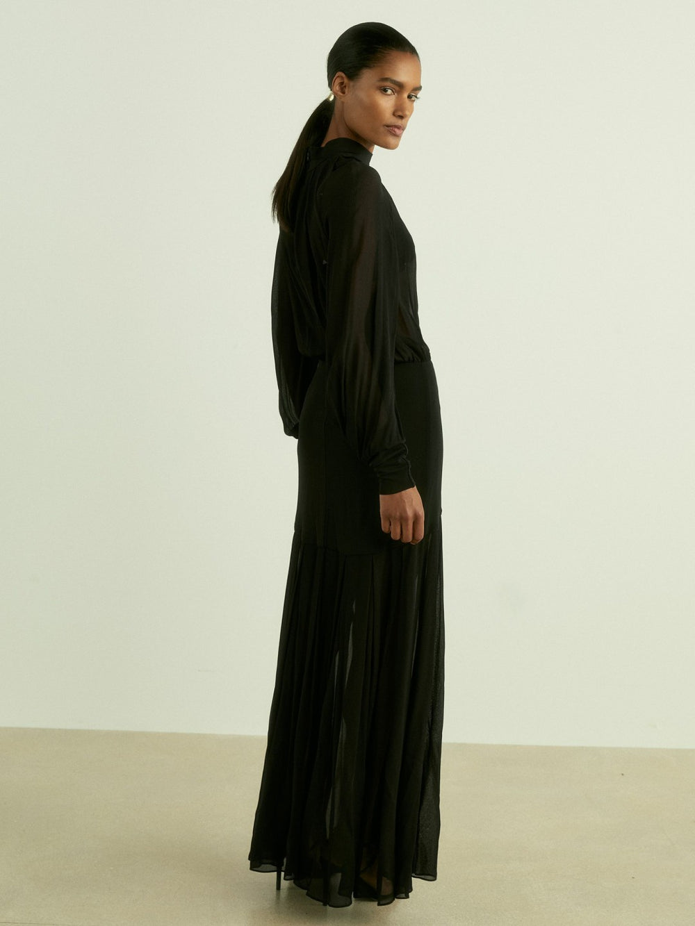 Sheer Jersey Gathered Maxi Dress Black | Womens