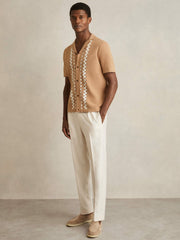 Geometric Cuban-Collar Knit Shirt Camel/Off White | Mens