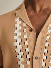 Geometric Cuban-Collar Knit Shirt Camel/Off White | Mens