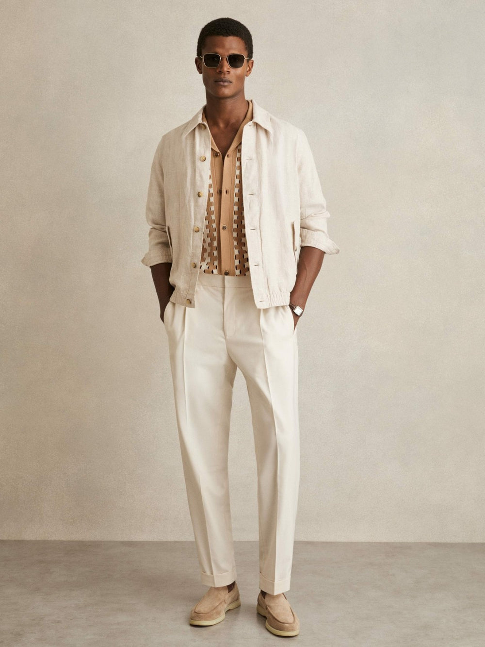 Geometric Cuban-Collar Knit Shirt Camel/Off White | Mens
