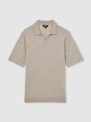 Merino Wool Open Collar Polo Shirt Wheat Melange | Mens