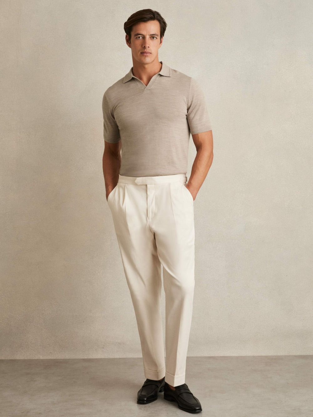 Merino Wool Open Collar Polo Shirt Wheat Melange | Mens