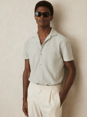 Textured-Stripe Cuban-Collar Shirt White/Soft Blue | Mens