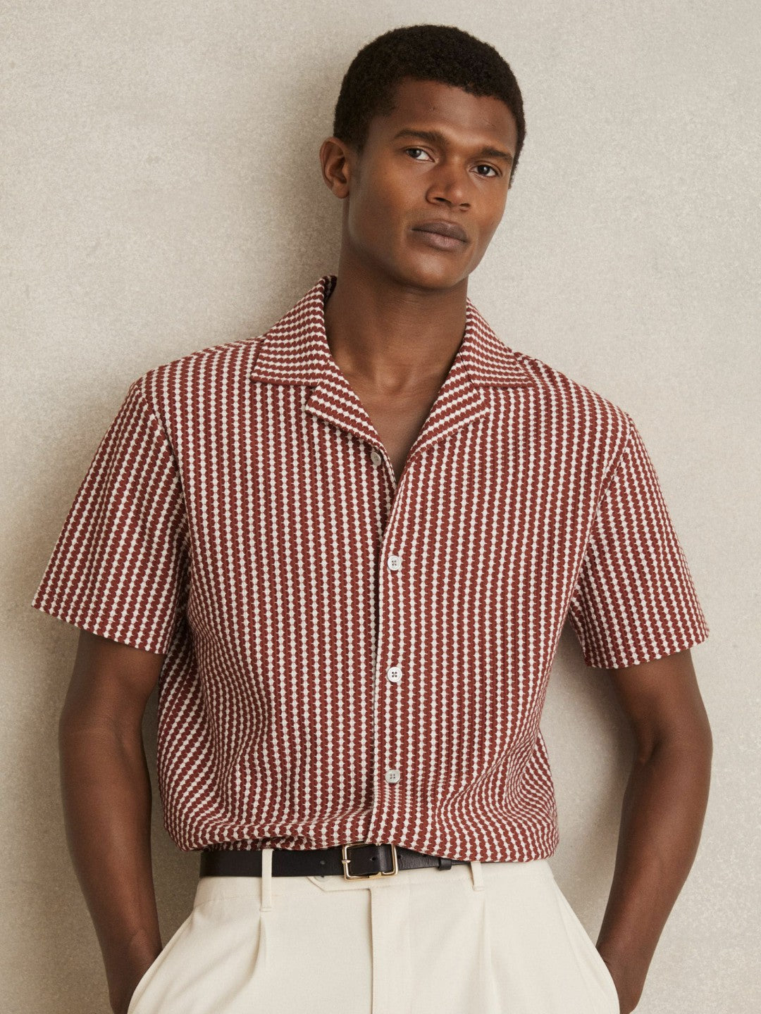 Textured-Stripe Cuban-Collar Shirt Rust Red/White | Mens