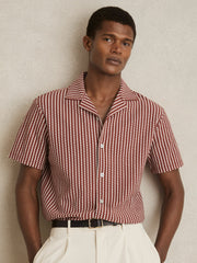Textured-Stripe Cuban-Collar Shirt Rust Red/White | Mens
