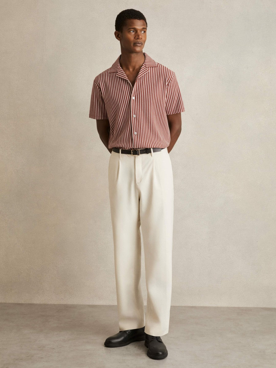 Textured-Stripe Cuban-Collar Shirt Rust Red/White | Mens