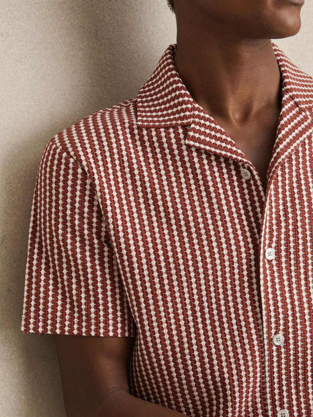 Textured-Stripe Cuban-Collar Shirt Rust Red/White | Mens