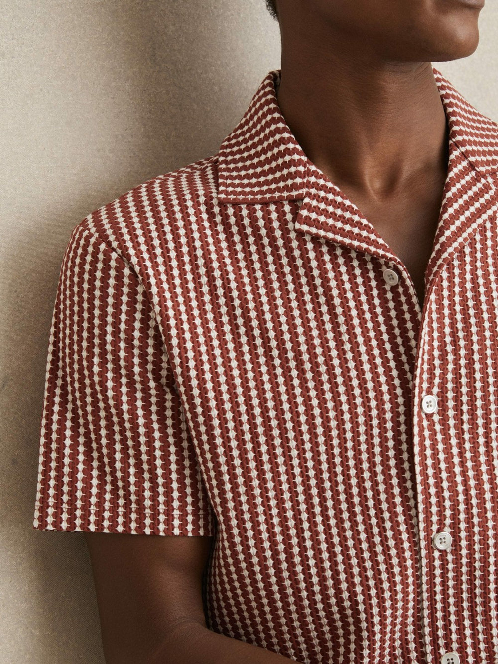 Textured-Stripe Cuban-Collar Shirt Rust Red/White | Mens