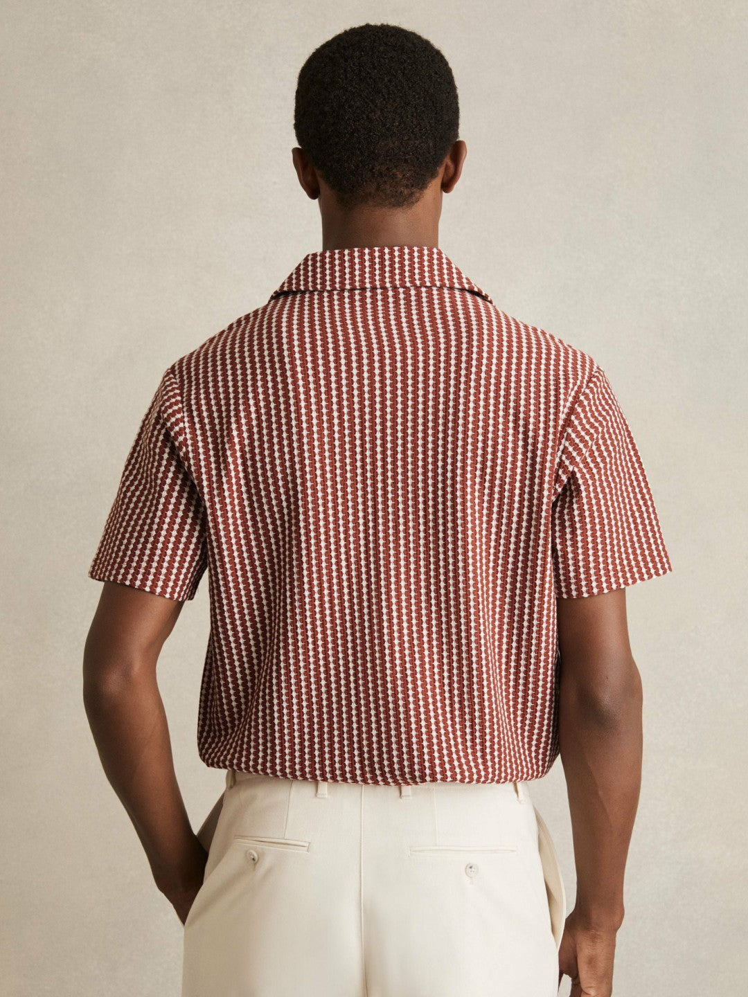 Textured-Stripe Cuban-Collar Shirt Rust Red/White | Mens