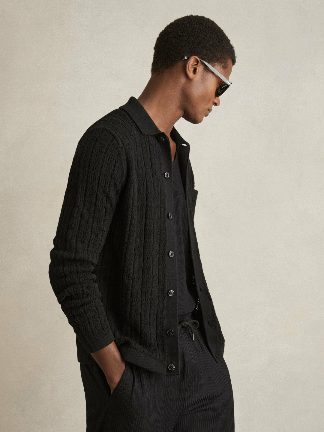 Cotton-Blend Textured Knit Shirt Black | Mens