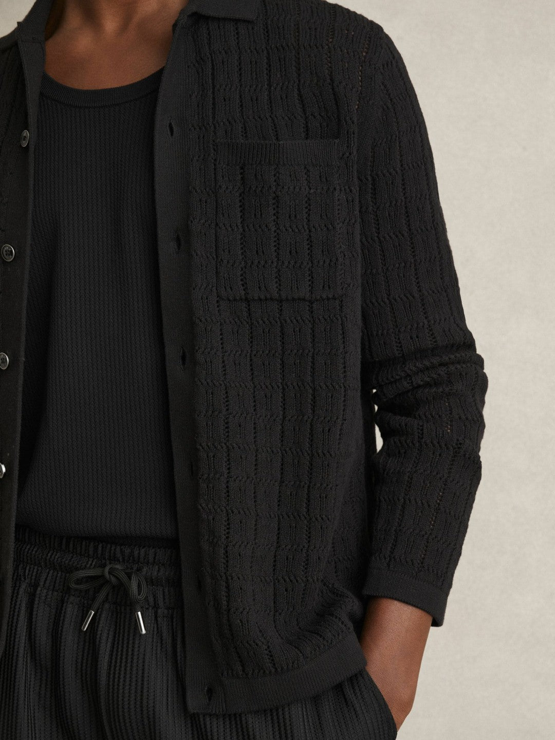 Cotton-Blend Textured Knit Shirt Black | Mens
