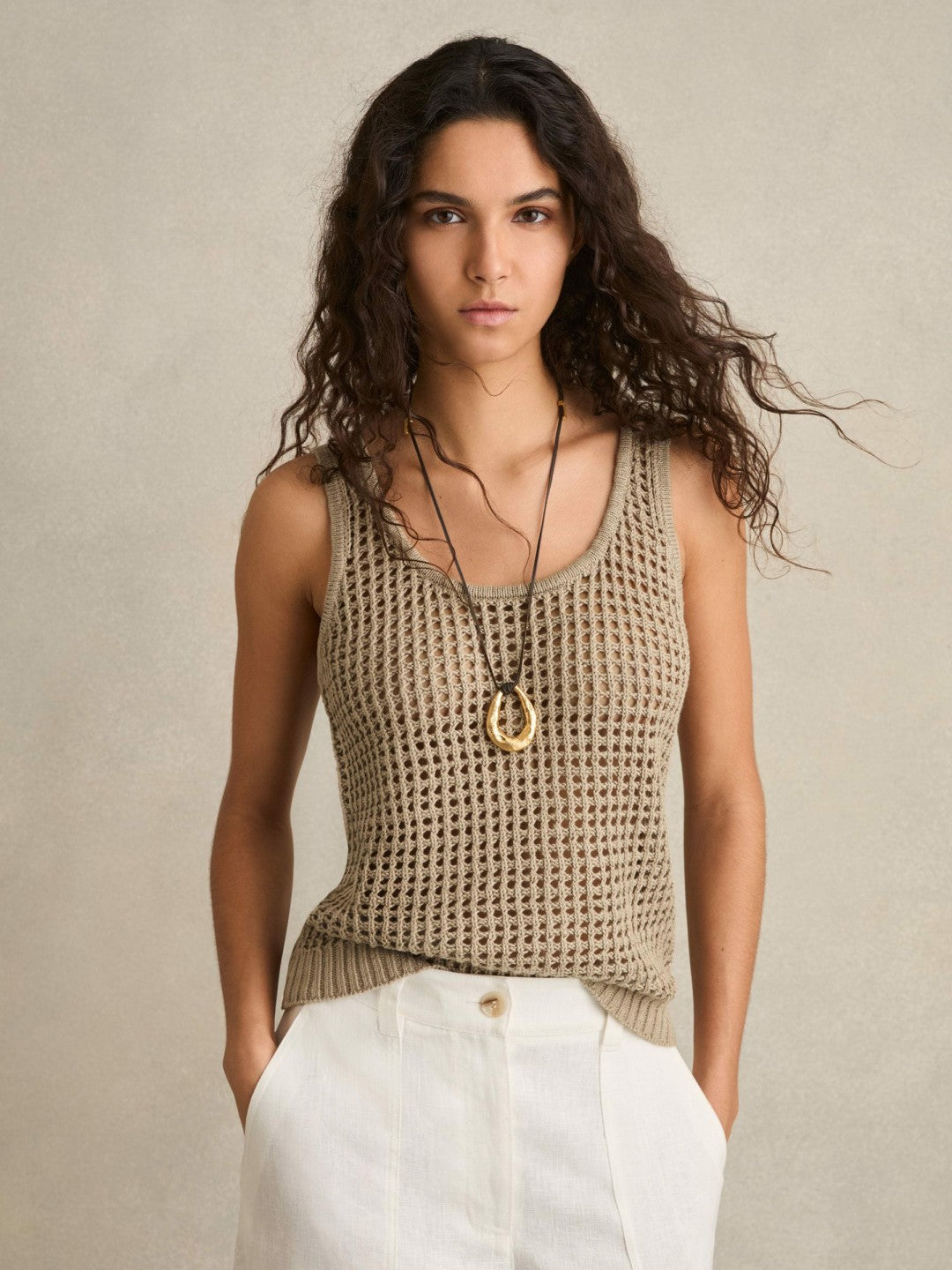 Linen Open Knit Vest Stone | Womens