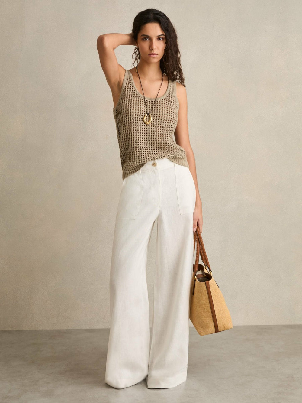 Linen Open Knit Vest Stone | Womens