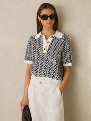 Zig-Zag Knit Polo Shirt Blue/Ivory | Womens