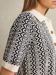 Zig-Zag Knit Polo Shirt Blue/Ivory | Womens