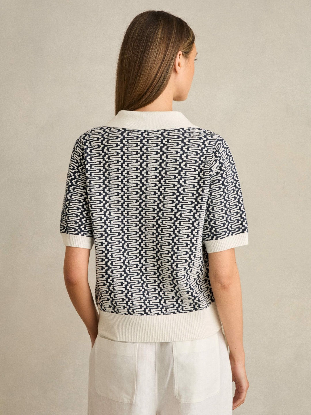 Zig-Zag Knit Polo Shirt Blue/Ivory | Womens