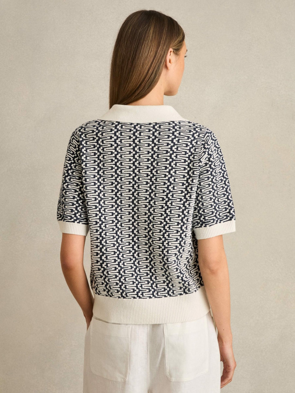 Zig-Zag Knit Polo Shirt Blue/Ivory | Womens