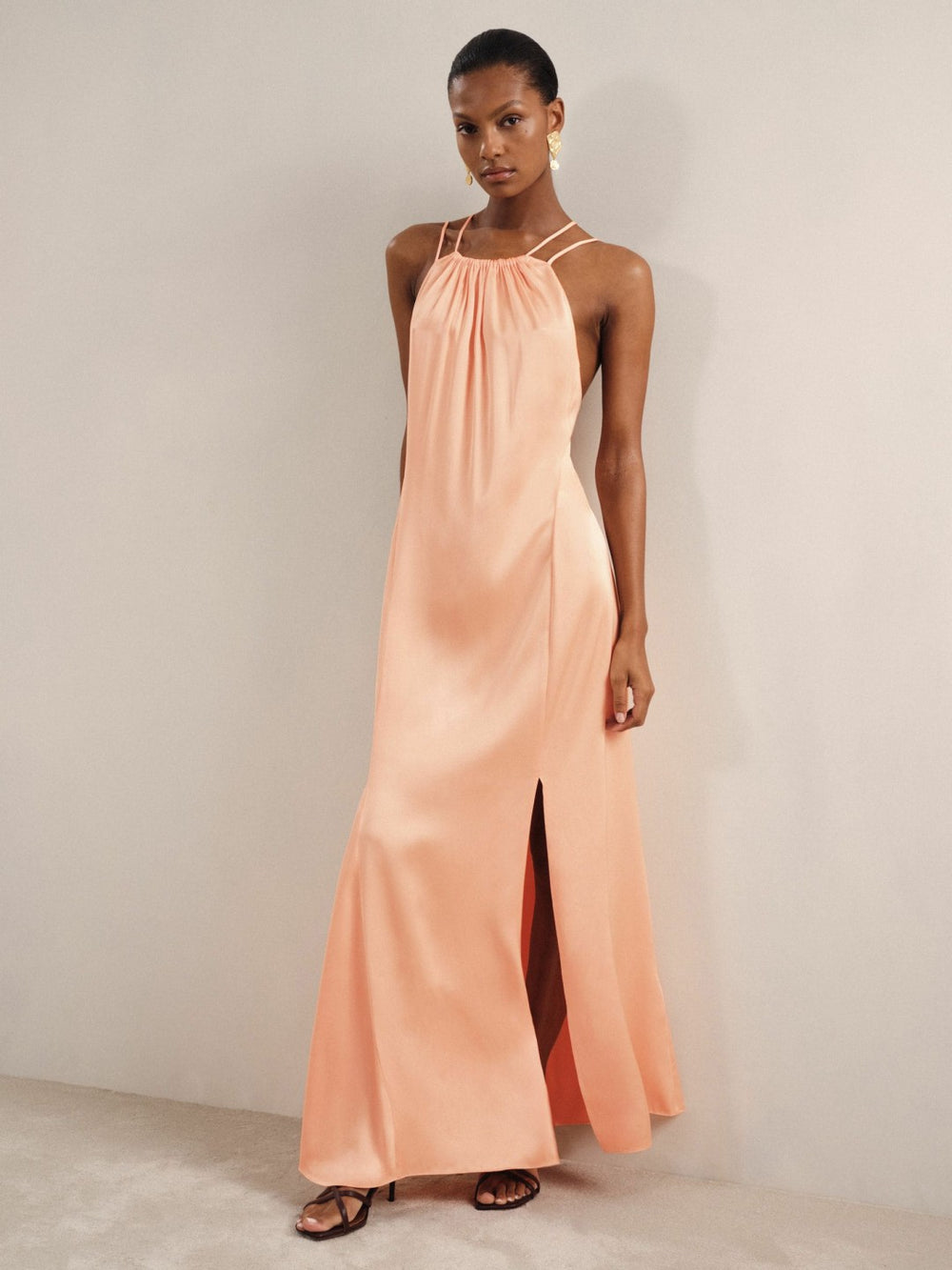 Petite Satin Halterneck Maxi Dress Peach | Womens