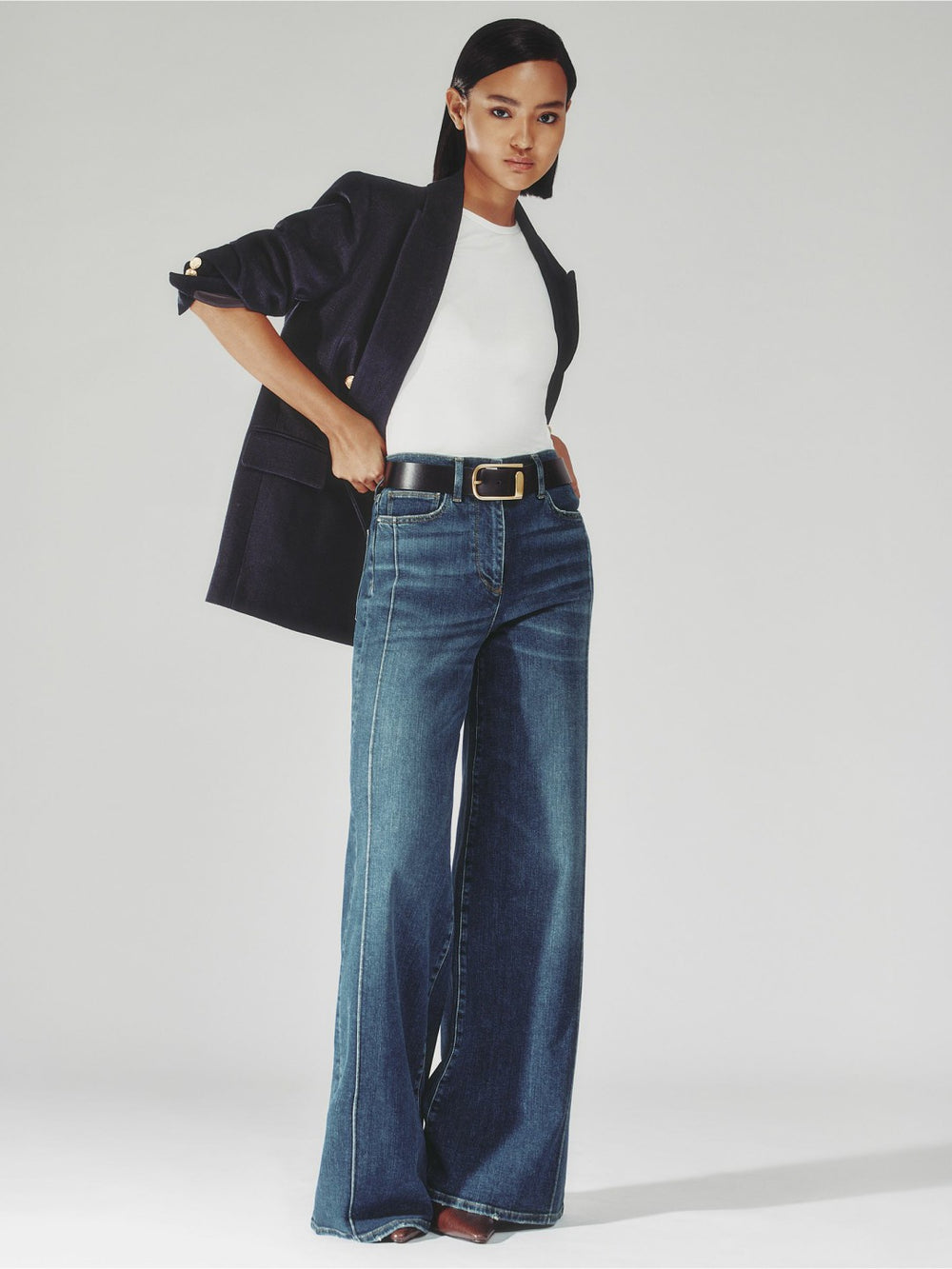 Petite Stretch-Cotton Wide-Leg Jeans Mid Blue | Womens