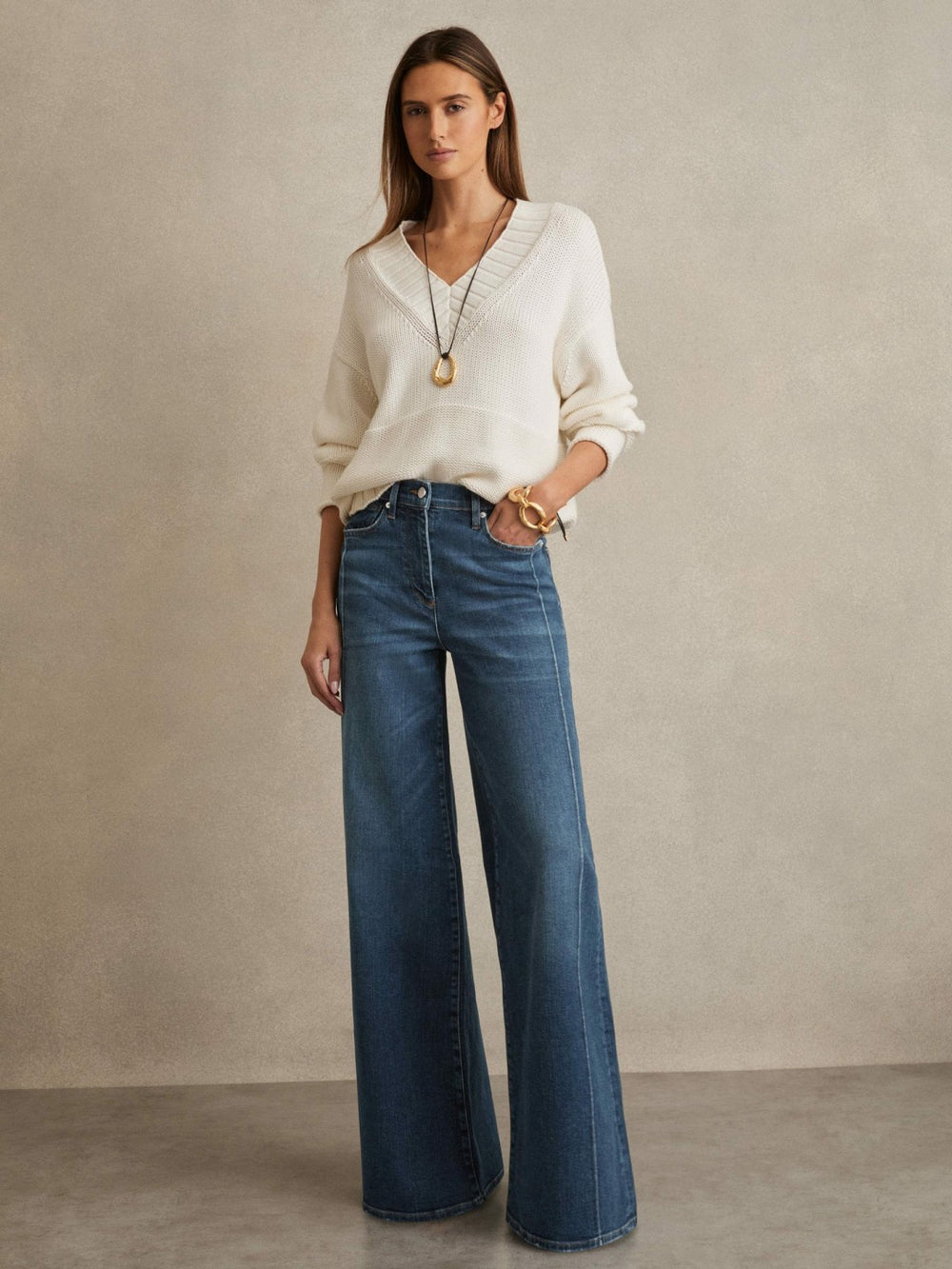Petite Stretch-Cotton Wide-Leg Jeans Mid Blue | Womens