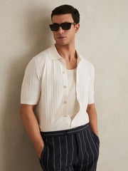 Textured Knit Button-Through Shirt White | Mens