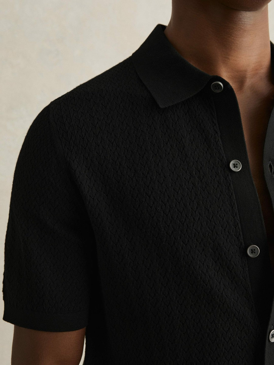 Textured Knit Button-Through Shirt Black | Mens