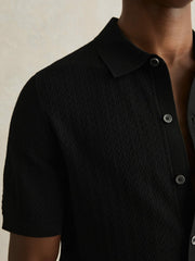Textured Knit Button-Through Shirt Black | Mens