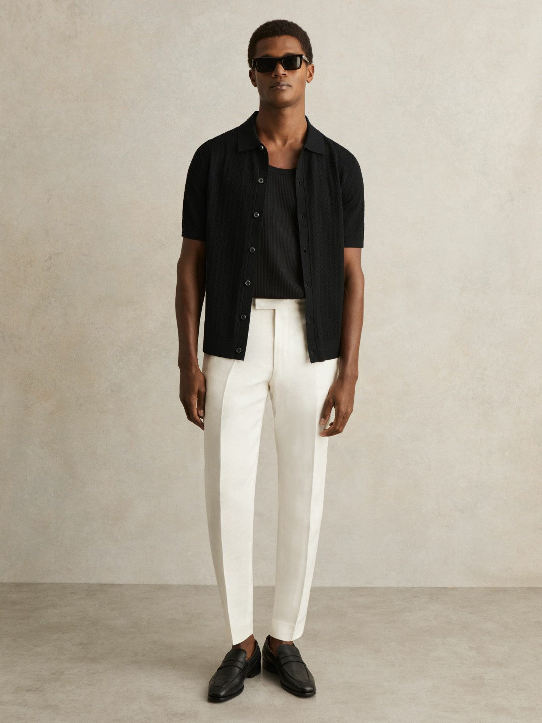 Textured Knit Button-Through Shirt Black | Mens