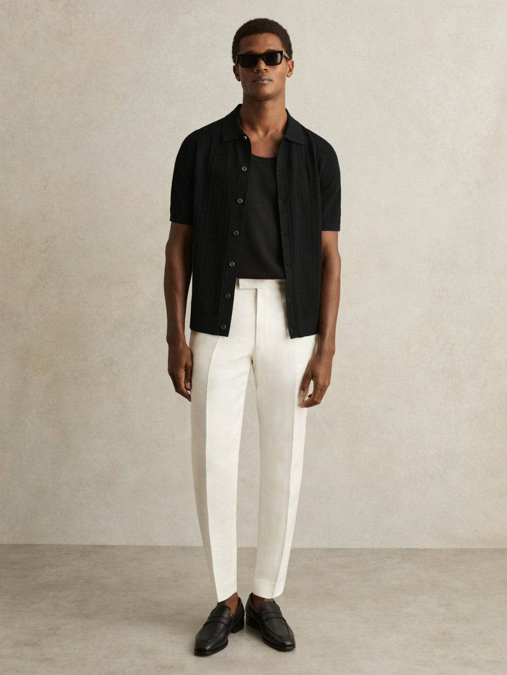 Textured Knit Button-Through Shirt Black | Mens