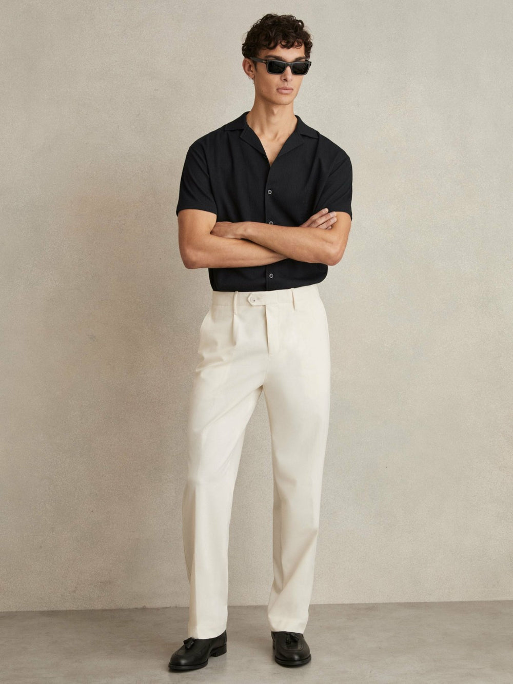 Textured Crepe Cuban Collar Shirt Navy | Mens