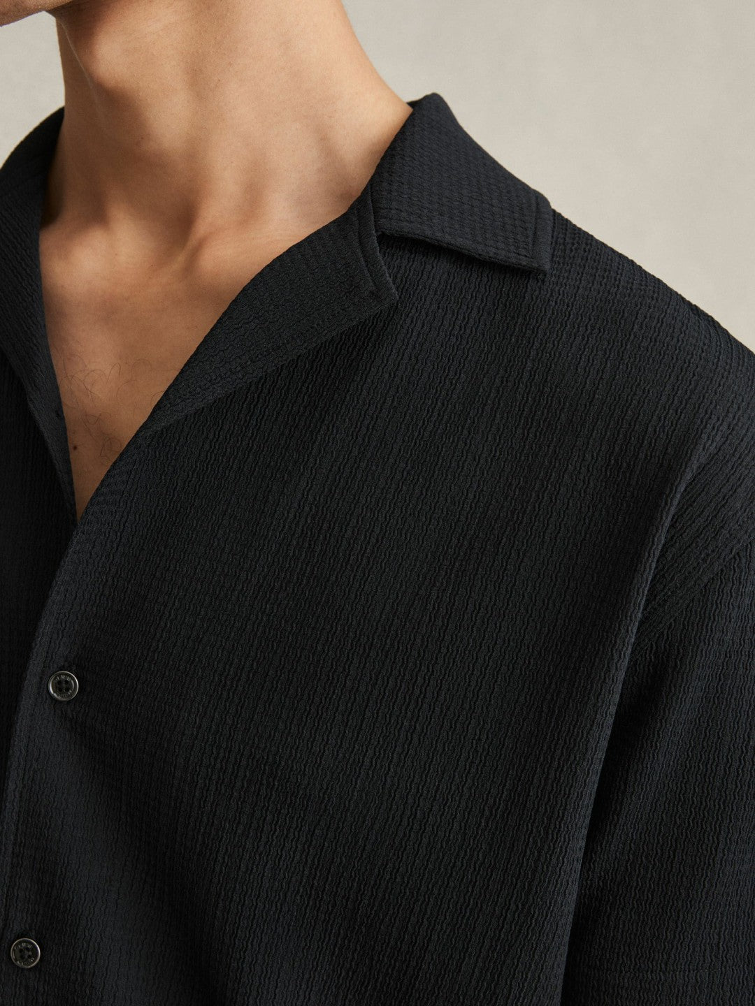 Textured Crepe Cuban Collar Shirt Navy | Mens
