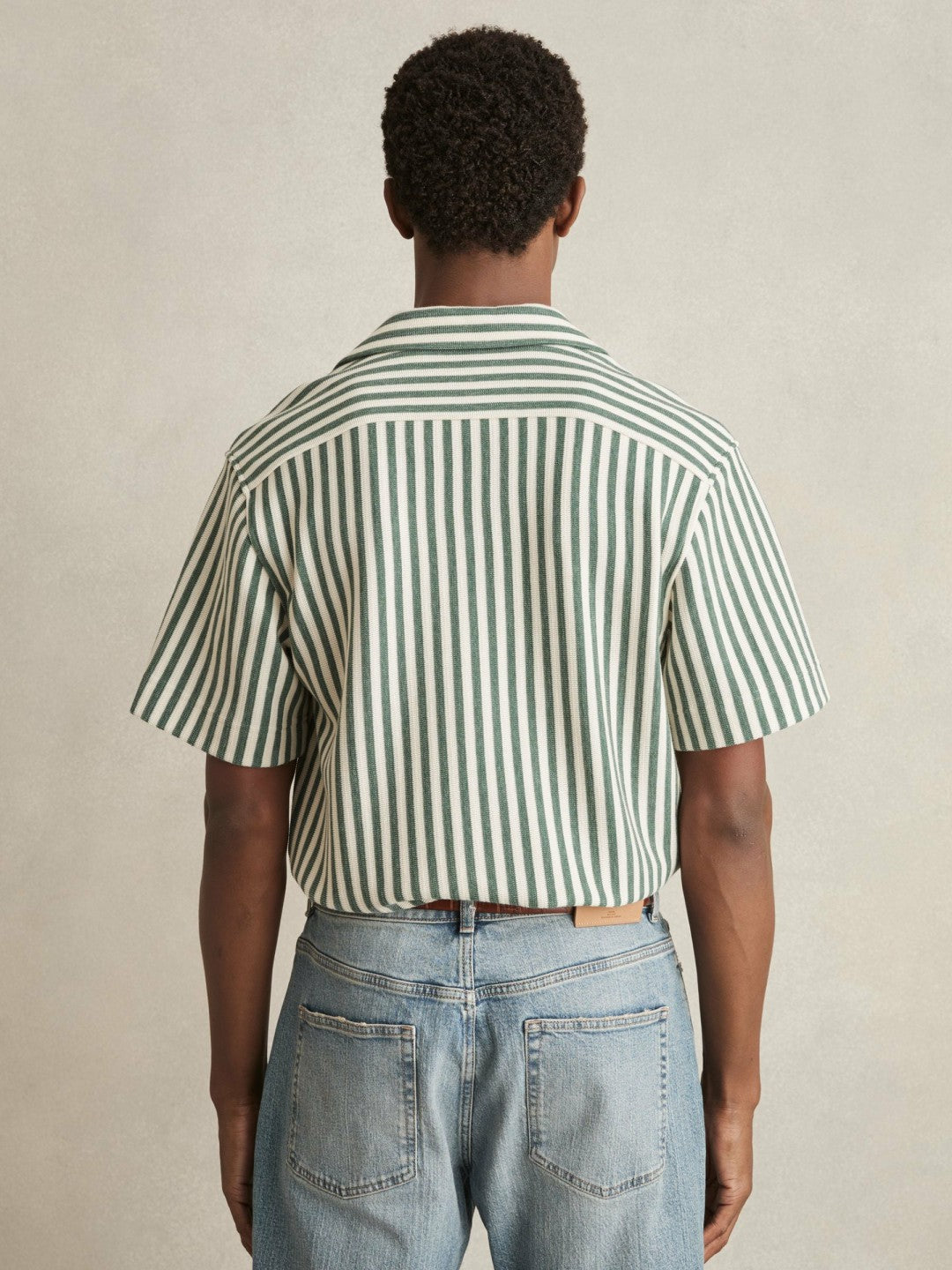 Textured Stripe Cuban-Collar Shirt Green/White | Mens