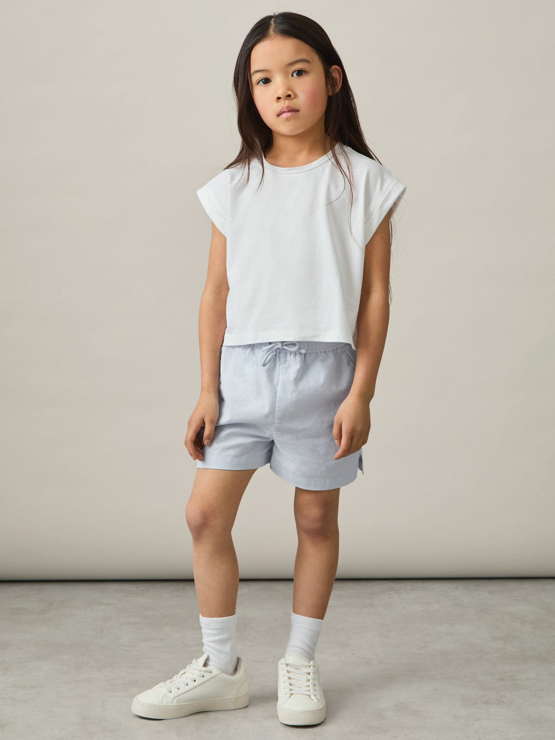 9-13 yrs Cotton-Linen Drawstring Shorts Soft Blue | Children