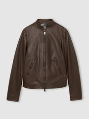Leather Collarless Biker Jacket Chocolate Brown | Womens